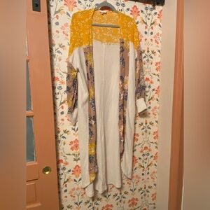 Floral Long Duster Cardigan with Yellow Accents